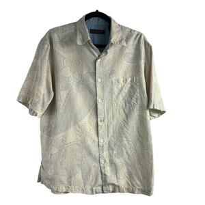 Tori Richard Honolulu Vintage 100% Silk Cream/Blue Button Down Shirt Mens Size L